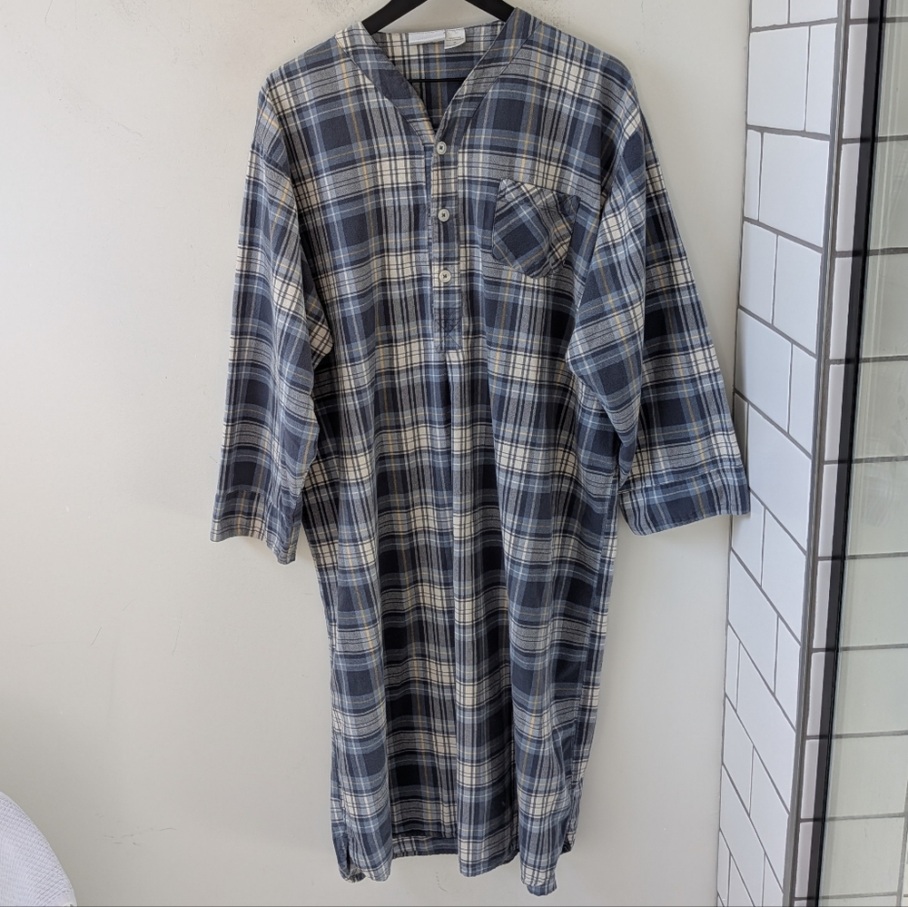 The Vermont Country Store Mens Blue Plaid Cotton Night Shirt Size XL